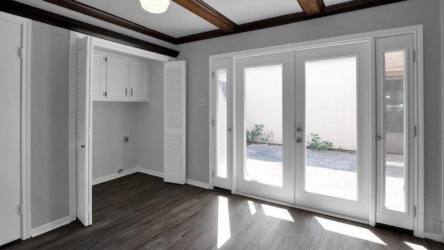 doorway featuring french doors, coffered ceiling, beamed ceiling, and dark hardwood / wood-style flooring