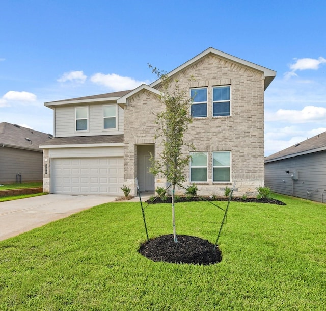 view of front of house with a garage and a front lawn