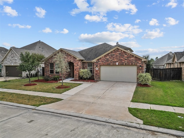 ranch-style home with a front yard and a garage