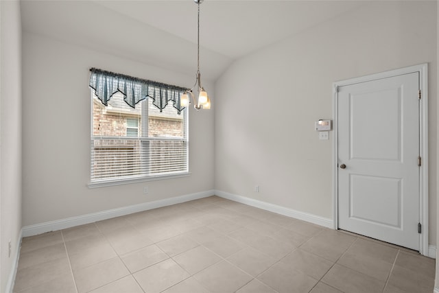 unfurnished dining area with an inviting chandelier, lofted ceiling, and light tile patterned floors