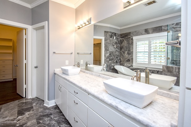 bathroom featuring vanity, crown molding, and tile walls