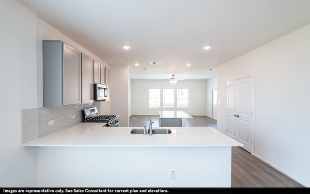 kitchen featuring stainless steel appliances, sink, kitchen peninsula, and dark hardwood / wood-style floors