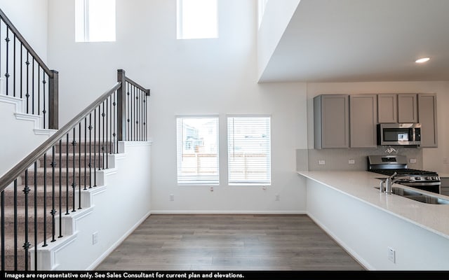 kitchen featuring a high ceiling, wood-type flooring, sink, appliances with stainless steel finishes, and tasteful backsplash