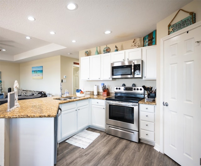 kitchen featuring kitchen peninsula, appliances with stainless steel finishes, white cabinetry, dark hardwood / wood-style floors, and sink