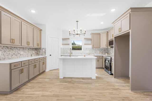 kitchen featuring a center island, appliances with stainless steel finishes, hanging light fixtures, and light wood-type flooring