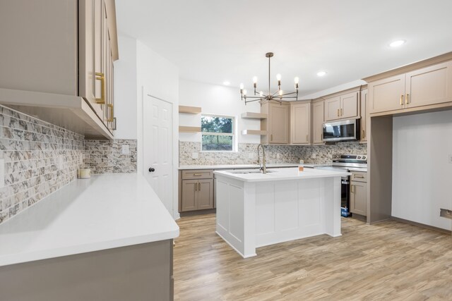 kitchen with a center island with sink, decorative light fixtures, stainless steel appliances, and light hardwood / wood-style floors