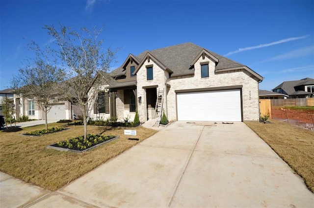 french country home with a front yard and a garage