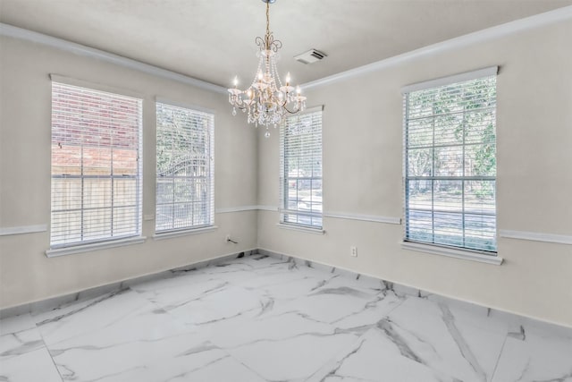 unfurnished room featuring an inviting chandelier and ornamental molding