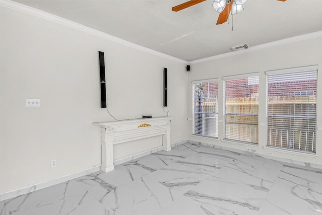 unfurnished living room with crown molding and ceiling fan