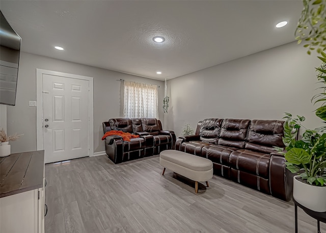 living room with light hardwood / wood-style flooring and a textured ceiling