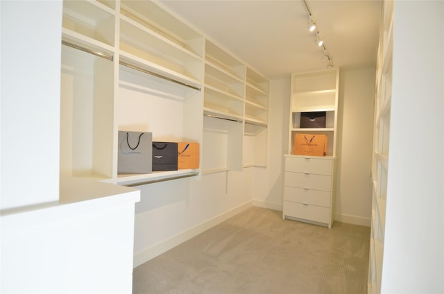 walk in closet featuring light colored carpet