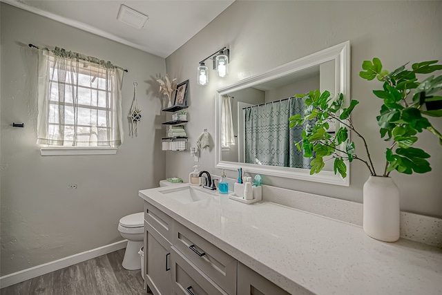 bathroom featuring vanity, wood-type flooring, and toilet