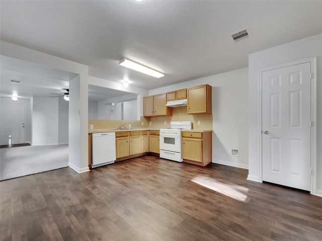 kitchen featuring light brown cabinets, dark hardwood / wood-style floors, ceiling fan, and white appliances