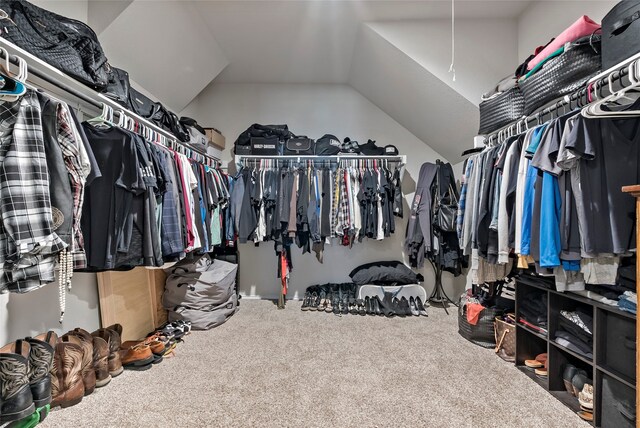 walk in closet featuring carpet and lofted ceiling