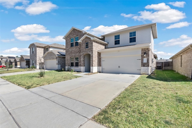 view of property featuring a front lawn, central AC unit, and a garage