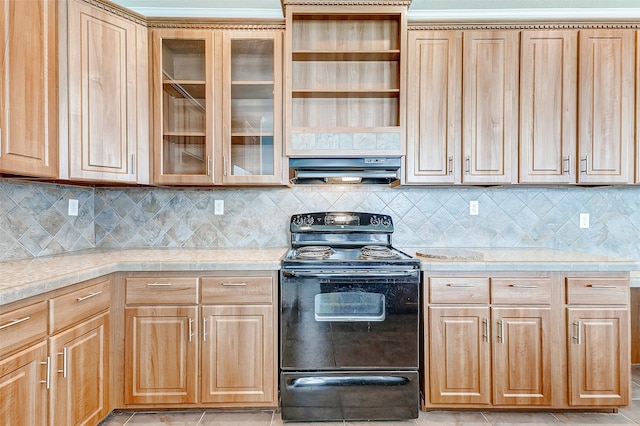 kitchen with black range with electric cooktop, extractor fan, light tile patterned flooring, and decorative backsplash