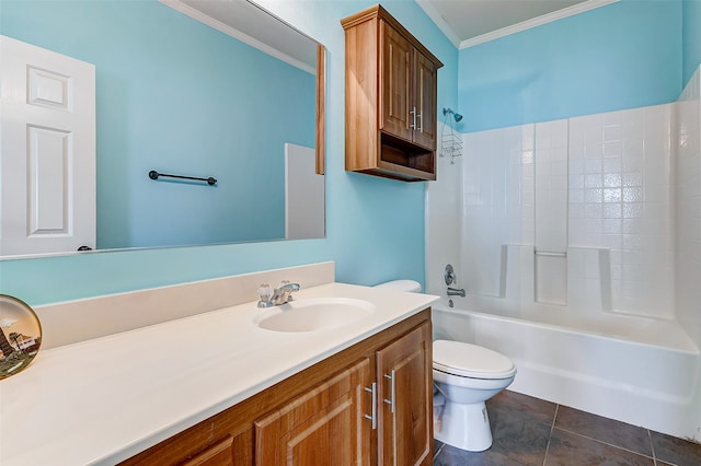 full bathroom with toilet, tile patterned flooring, crown molding,  shower combination, and vanity