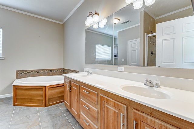 bathroom featuring vanity, independent shower and bath, ornamental molding, and tile patterned flooring