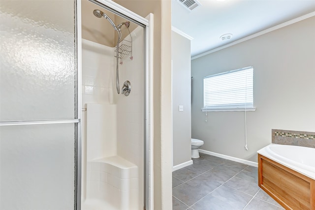 bathroom with independent shower and bath, crown molding, toilet, and tile patterned flooring