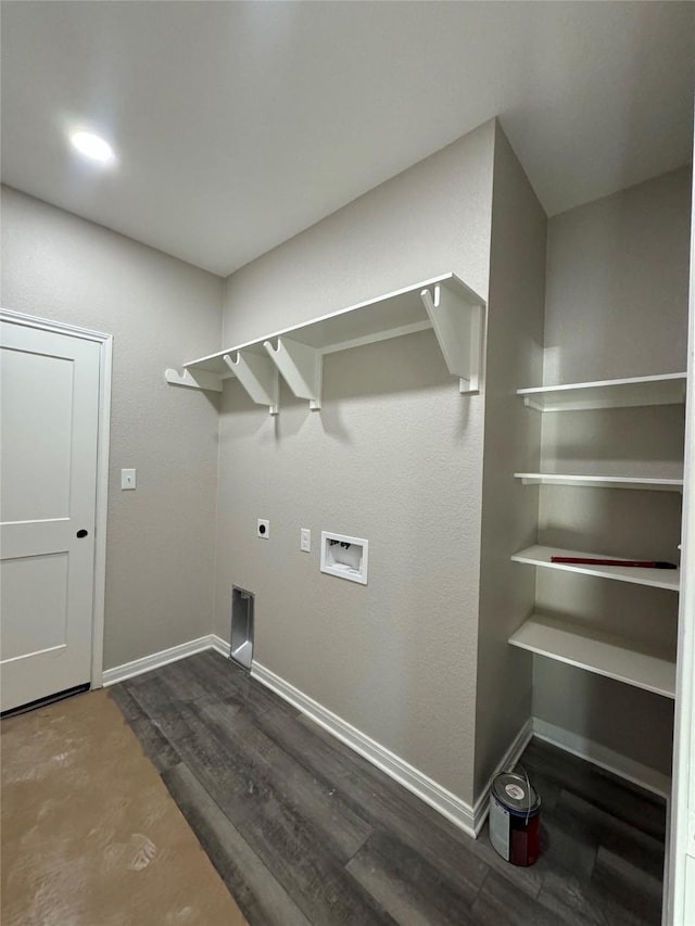 laundry area featuring washer hookup, electric dryer hookup, and dark wood-type flooring