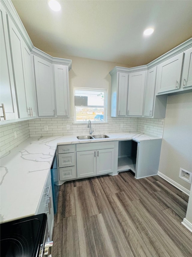 kitchen featuring decorative backsplash, stove, light stone counters, sink, and dark hardwood / wood-style floors