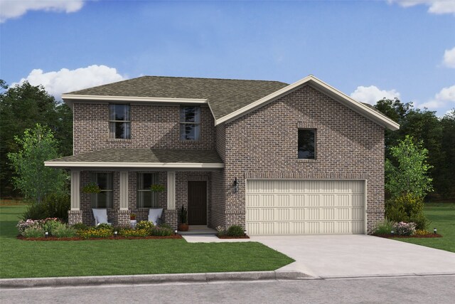 view of front of property with a porch, a garage, and a front yard