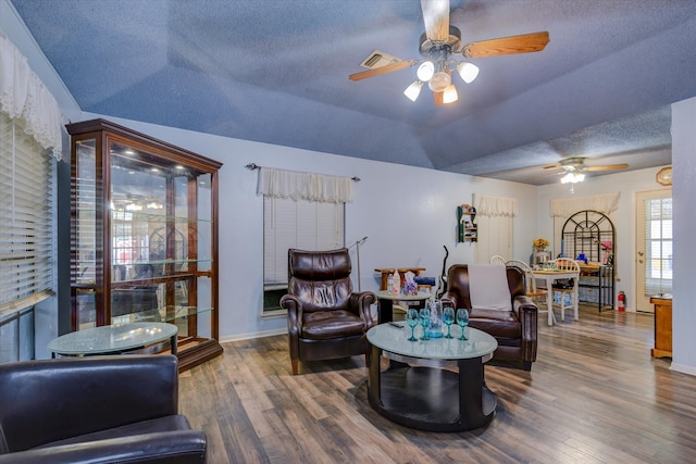 living room featuring lofted ceiling, a textured ceiling, and dark hardwood / wood-style floors