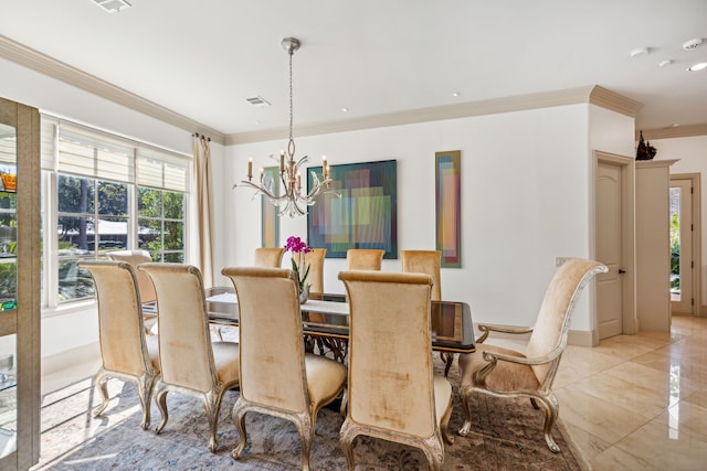 dining area featuring light tile patterned floors, ornamental molding, and an inviting chandelier