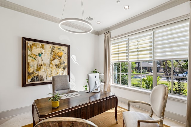 tiled office space featuring ornamental molding