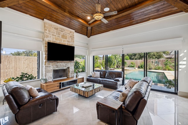 living room with a healthy amount of sunlight, wooden ceiling, a fireplace, and ceiling fan