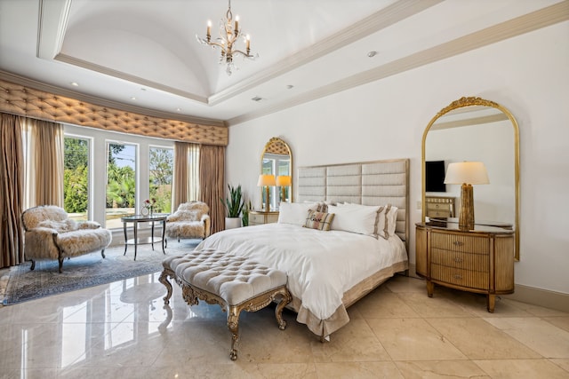 bedroom featuring crown molding, a tray ceiling, and a chandelier