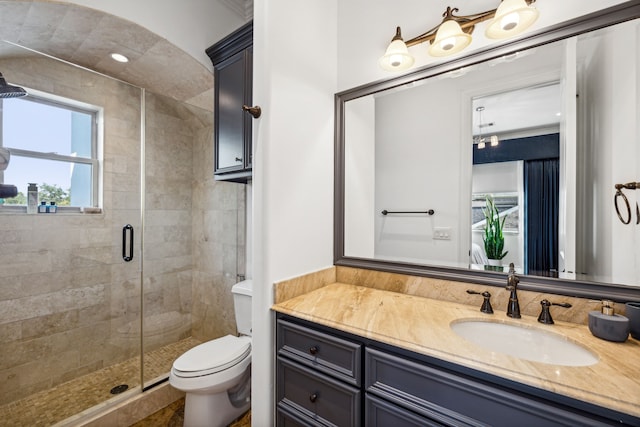 bathroom featuring a shower with door, toilet, and vanity