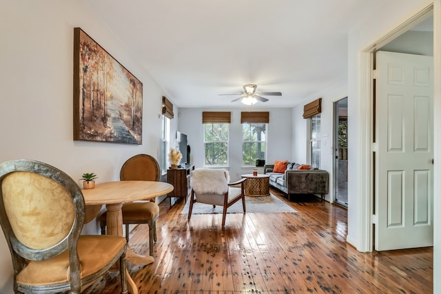 living area featuring ceiling fan and hardwood / wood-style floors