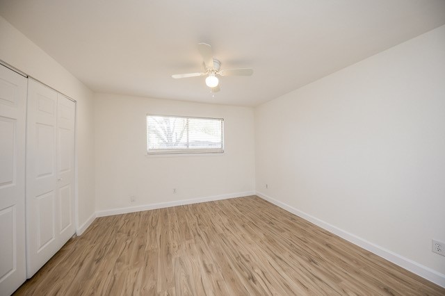 unfurnished bedroom with a closet, light hardwood / wood-style floors, and ceiling fan