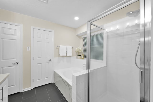 bathroom with vanity, separate shower and tub, and tile patterned flooring