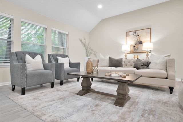 living room with wood-type flooring and vaulted ceiling