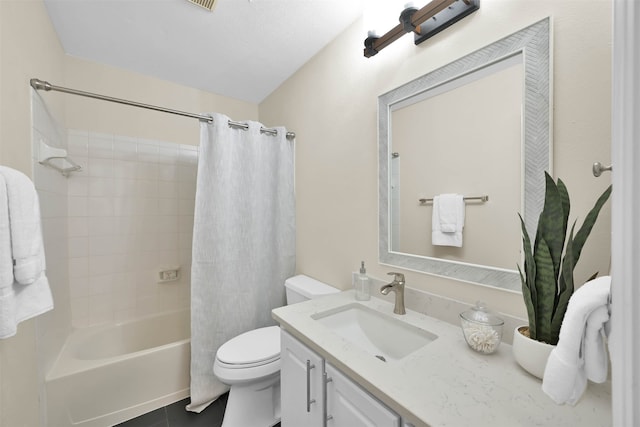 full bathroom with toilet, vanity, shower / bathtub combination with curtain, and tile patterned floors