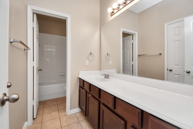 full bathroom with vanity, tiled shower / bath, toilet, and tile patterned flooring