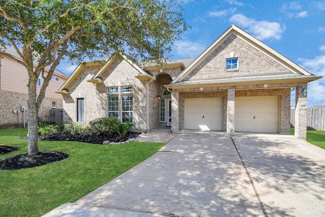 view of front of home with a front lawn and a garage