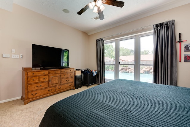 bedroom with a ceiling fan, visible vents, light carpet, and baseboards