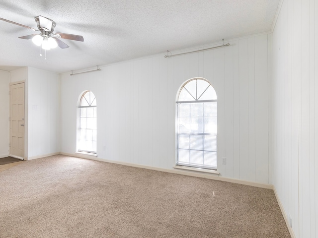 spare room featuring ceiling fan, a healthy amount of sunlight, a textured ceiling, and carpet floors