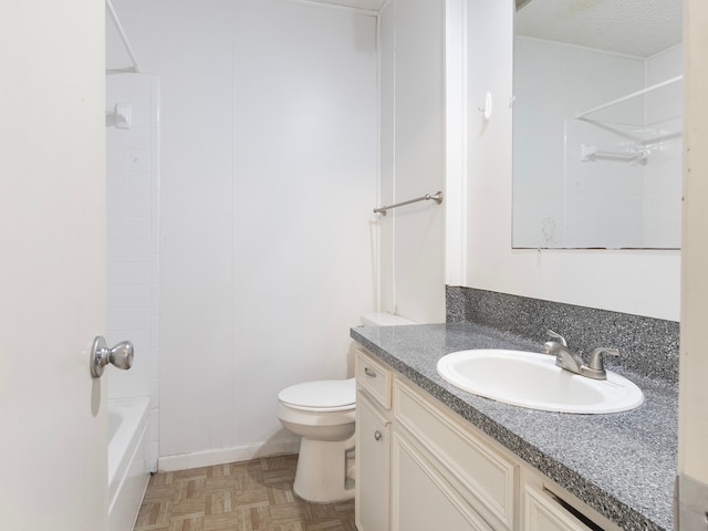 full bathroom featuring toilet, bathtub / shower combination, parquet flooring, vanity, and a textured ceiling