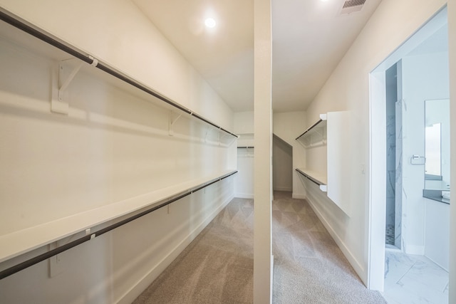 walk in closet with light colored carpet