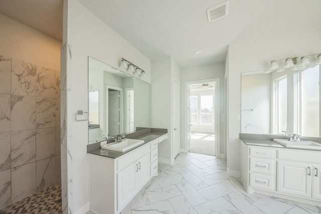 bathroom with vanity, tiled shower, and a wealth of natural light