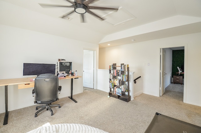 carpeted office space with ceiling fan and lofted ceiling