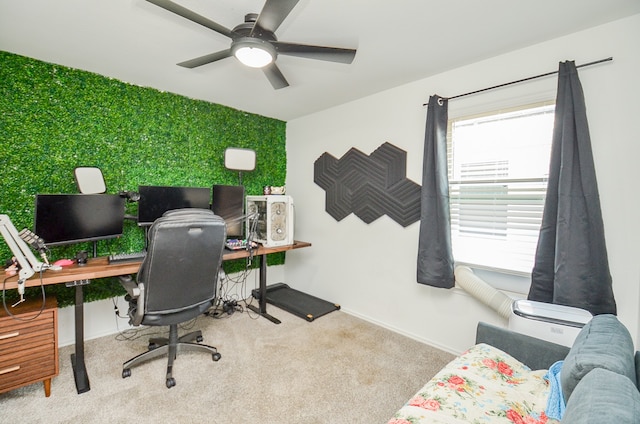 carpeted office space with ceiling fan