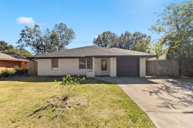 ranch-style house with a front yard and a garage