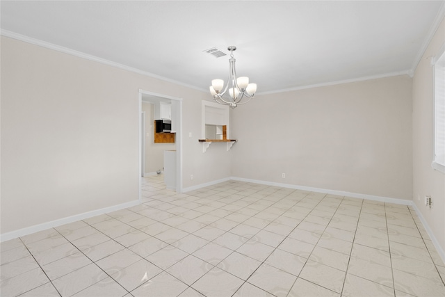 empty room featuring light tile patterned flooring, ornamental molding, and a chandelier