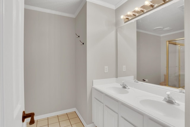 bathroom with toilet, ornamental molding, vanity, an enclosed shower, and tile patterned floors