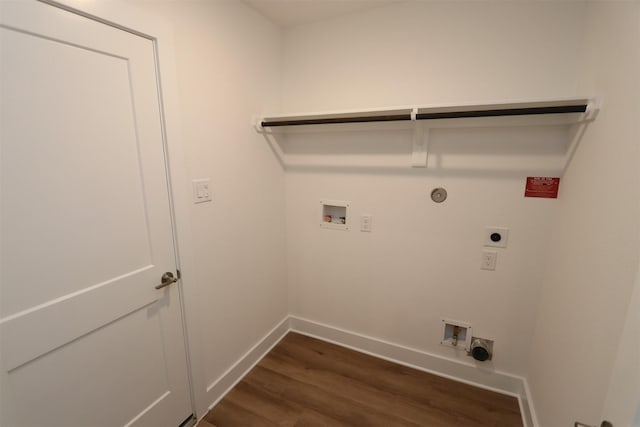 laundry room featuring washer hookup, dark wood-type flooring, hookup for an electric dryer, laundry area, and baseboards